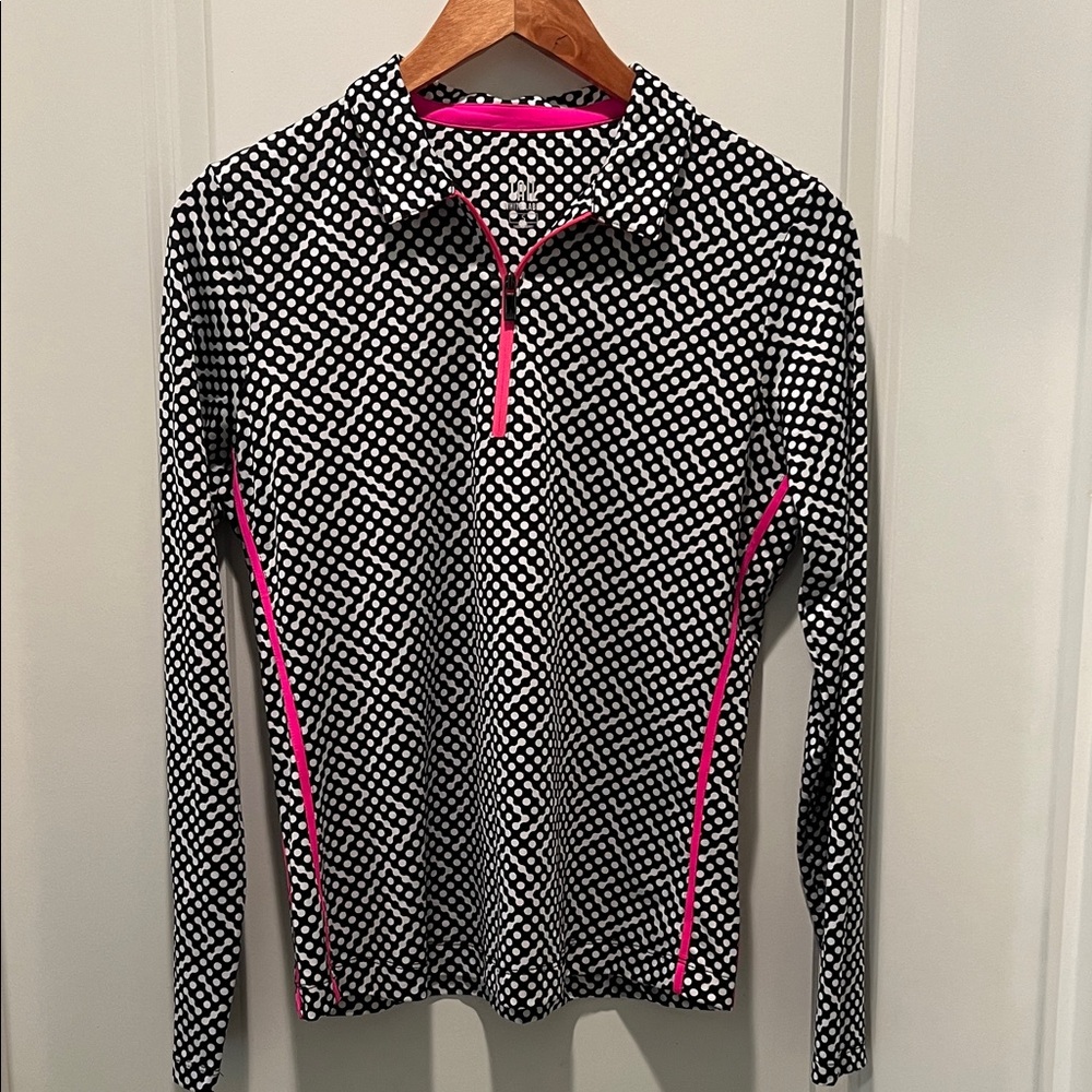Black & White Polka Dot Long Sleeve Quarter-Zip Top with Pink Trim